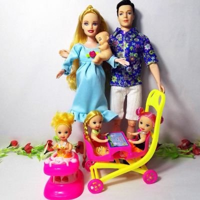 ของเล่นเด็กผู้หญิงครอบครัว6คนชุดตุ๊กตาครอบครัว1แม่/1พ่อ/3 Little Kelly/ลูกชาย1คน/1ที่หัดเดินเด็ก/1รถเข็นเด็กสำหรับ Barbie มีครรภ์