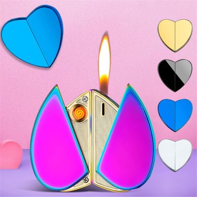 ZZOOI Heart-shaped Gas &amp; Electronic Lighter Metal Windproof Rechargeable Refilling Dual-use Lighter Couple Family Christmas Present