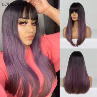 LOUIS FERRE Black Purple Wigs Cosplay Long Straight Ombre Synthetic Wig With Bangs for Black Women Afro Heat Resistant Fibre