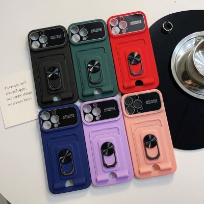 เคสโทรศัพท์สำหรับ Iphone 15 14 Plus 13 12 11 Pro Max กระเป๋าใส่บัตรขาตั้งแบบวงแหวนแม่เหล็กหน้าต่างขนาดใหญ่ปกป้องกล้องฝาโทรศัพท์ซิลิโคนเหลว