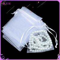 GAN 25/50PCS วาดได้ บรรจุเครื่องประดับ ปาร์ตี้ซัพพลาย Organza Gauze ซอง กระเป๋าหูรูด ถุงของขวัญ ถุงสีขาว