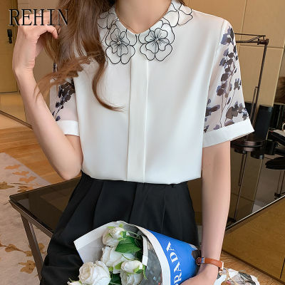 REHIN เสื้อผู้หญิงแขนสั้นเสื้อชีฟองพิมพ์ลายแฟชั่นคอกลมคอตุ๊กตาดีไซน์เวอร์ชันเกาหลีฤดูร้อน