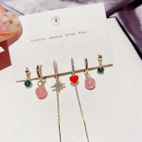 ANENJERY New 6-piece Set Strawberry Crystal Bead Hoop Earrings Set Long Chain Gold Color Heart Earrings For Women Gift S-E1288