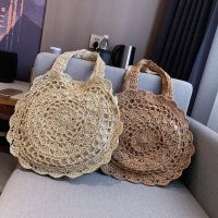 Straw Knitting Circular Beach Bag Handmade Sunflower Bohemian Casual Seaside Handbag