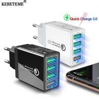 KEBETEME EU /Us Plug ชาร์จเร็ว QC 3.0 4เครื่องชาร์จ USB สมาร์ทโฟนพกพาที่ชาร์จความเร็วสูง