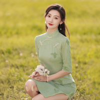 Cheongsam 2022แขนยาวปรับปรุงอารมณ์อ่อนเยาว์หนังนิ่มระดับไฮเอนด์ปักสีเขียว