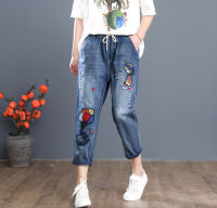 Large  Size Womens Blue Jeans Embroidery 8/10 Cropped Denim Pants