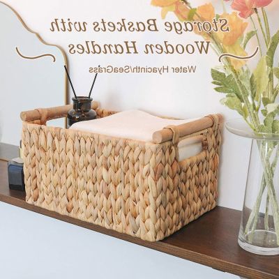 Bathroom Accessories Storage Baskets Water Hyacinth Cosmetic Makeup Wicker Wooden Handles Hand-Woven Kitchen Organizer