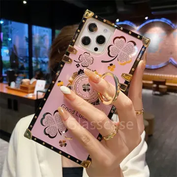 Square Grey Case Compatible with iPhone 13 Pro Max, Luxury Clover Pattern  Shockproof Protection Heavy Duty Phone Case with Ring Stand 