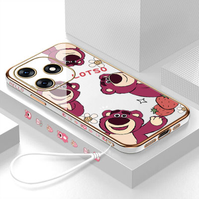 GGK For Tecno Spark 10 Spark 10C ฟรีสายคล้องเคสลายการ์ตูนน่ารักหมี Lotso ขอบสี่เหลี่ยมเคสโทรศัพท์ชุบหรูหราเคสโทรศัพท์นิ่ม