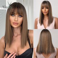 ALAN EATON Bob Medium Length Straight Bangs Wigs for Women Brown Blonde Mixed Synthetic Wigs Daily Cosplay Use Heat Resistant Wig  Hair Extensions Pad