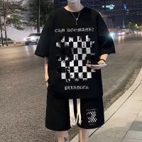 【YF】 Waffle Suit Mens Summer Vintage Chessboard Checker Short Sleeve T-shirt Shorts Casual Large Size Kong Style Two Piece Set