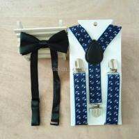 LB060-S  anchor print navy blue kids suspenders 3 cilps brace with bow tie set for baby Boys Clothing