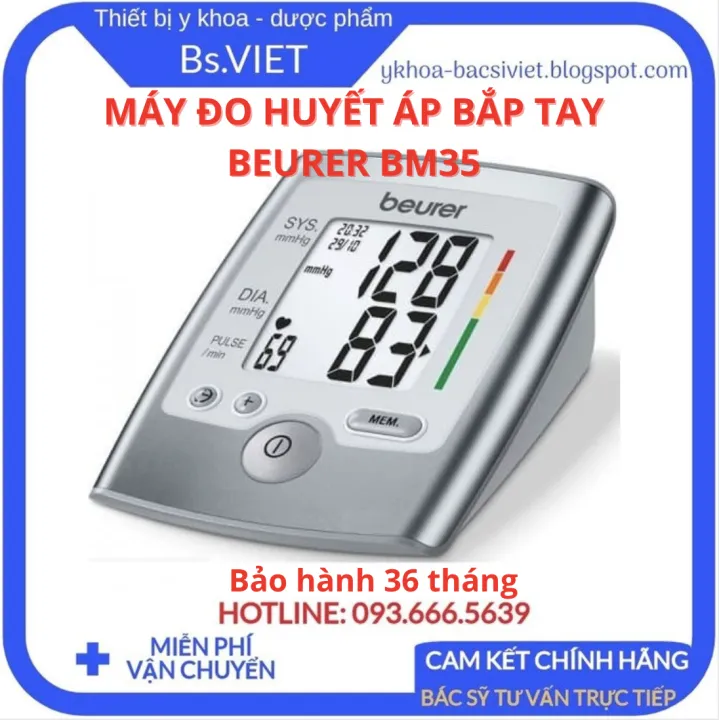 Máy đo huyết áp bắp tay Beurer BM35 hàng chính hãng xuất xứ Đức, tự động đo huyết áp, cảnh báo rối loạn nhịp tim,có chế độ đo tự động, bộ nhớ dành cho 2 người, lưu trữ 120 kết quả cùng ngày, giờ đo, cho kết quả chính xác