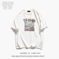 HUANGYOYO เสื้อยืดแขนสั้น100% ผ้าฝ้ายคอกลมลายการ์ตูนวินเทจกว้างสำหรับผู้หญิง