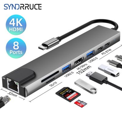 8ใน1 USB 3.0ฮับสำหรับ Macbook Lenovo แล็ปท็อปอะแดปเตอร์พีซี PD 8พอร์ตแท่นวางมือถือ RJ45 HDMI-4K Tf/ การ์ด SD Type-C Splitt