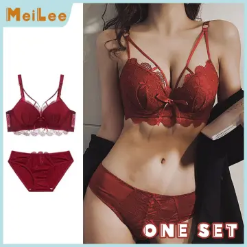 2pcs Sexy Lingerie Women Red Bow Lace Push Up Bra+padded G-string