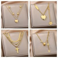 Kalung Baja Tahan Karat โซ่ไหปลาร้ากลวงสองชั้นสำหรับผู้หญิงเครื่องประดับฮิปฮอปพังค์