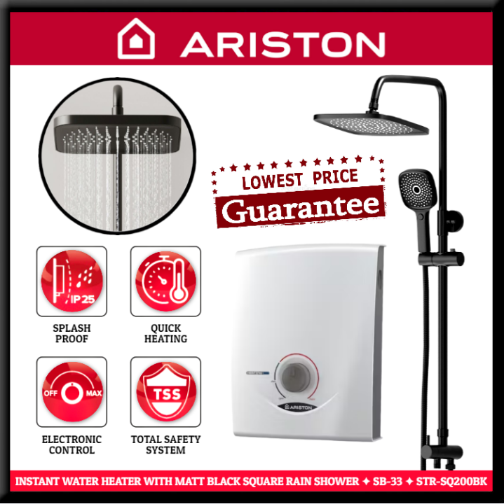 ARISTON INSTANT HEATER WITH MATT BLACK SQUARE RAIN SHOWER SB33 SB 33 SB