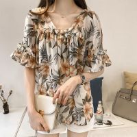 Korean style M-4XL plus size Off Shoulder Floral Chiffon Blouse women casual shirt tops