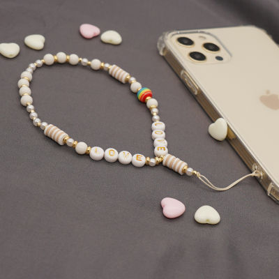 Elegent White Mobile Phone Lanyard Soft Pottery clay Pearl Letter Rainbow Bead Cell Phone Strap Cord Rope Chains Boho Jewelry