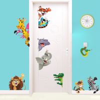 Jungle Animals wall stickers For Kids Rooms Home Door Decor Cartoon Lion Elephant Giraffee Wall Decals Pvc Mural Art Diy Posters Vinyl Flooring