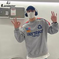 Lansboter เสื้อกันหนาวผู้ชาย,คอกลมใหม่เสื้อตัวหลวมแขนยาวเสื้อยืดลำลองเสื้อกีฬาผ้าฝ้ายสบายสูงสุด