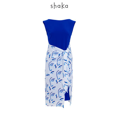 AW21 Shaka Lady Blue Brush Wrap Dress  เดรสความยาวคลุมเข่า ช่วงเอวมีตัดต่อแทรกชิ้นผ้า นำมาผูกกันที่ด้านหน้า DS-A21070