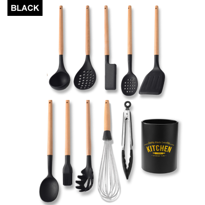 11PCS Silicone Cooking Utensils Set Non-Stick Spatula Soup Spoon Eggbeater Food Clip Wooden Handle with Storage Box Kitchen Tool