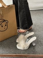 ✾☽❅ Transparent high-heeled sandals womens 2023 summer new fairy style outerwear crystal thick-heeled open-toed fur sandals and slippers