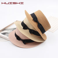 HUISHI ผู้หญิงฤดูร้อนหมวกเด็ก Sun Straw หมวกใหม่ปานามาหมวกผู้หญิง Sun Bucket หมวก Beige Bowknot Bowtie Straw Beach