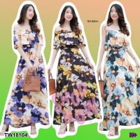 0018104 Maxi dress ปาดไหล่ลายดอกใหญ่สีสวย แต่งระบายรอบไหล่ มีสม๊อครอบช่วงอก มีซิปซ่อนด้านหลัง มีซัปใน จะใส่หลายแบบ