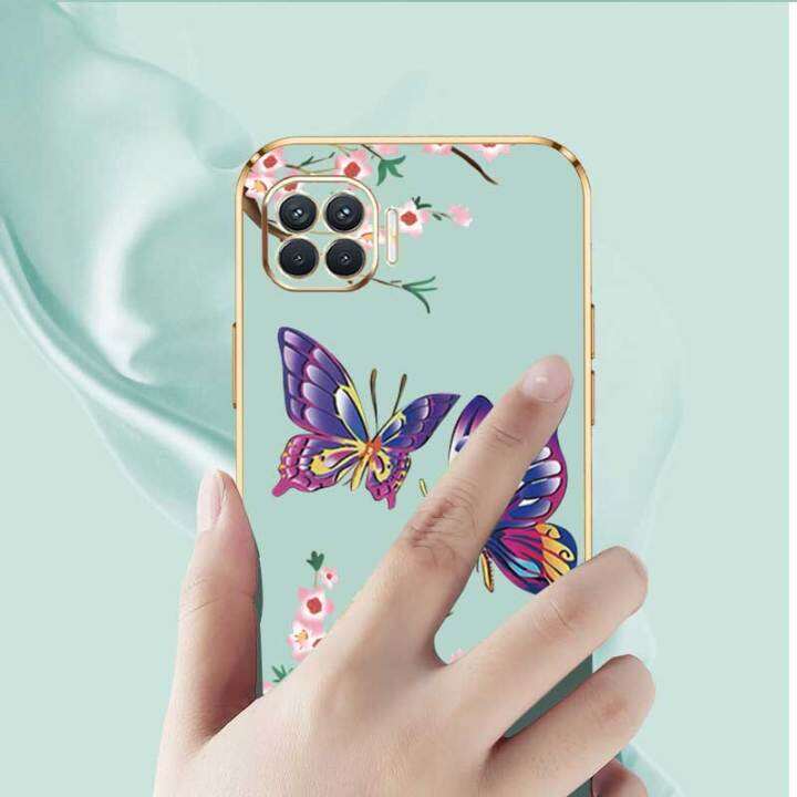 เคสสำหรับ-oppo-a73-2020-oppo-f17หรูหราผีเสื้อสวยงามพร้อมกล้องดอกไม้เคสโทรศัพท์ขอบชุบซิลิโคนฝาฟรีสายคล้อง