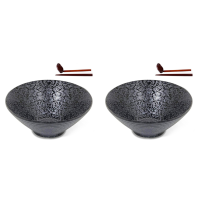 2X Ceramic Japanese Ramen Soup Bowl with Matching Spoon and Chopsticks, Suitable for Udon, Soba, Large Size