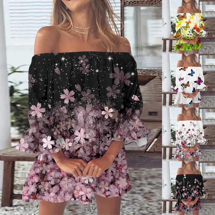 Dress Party Casual Outfit Women Comfortable Off Shoulder Sundress Loose  Floral Print Boho Dress Bell Sleeve Blouse Mini Dresses With Mid Long  Sleeve Wrap Dress Vestidos | Lazada PH