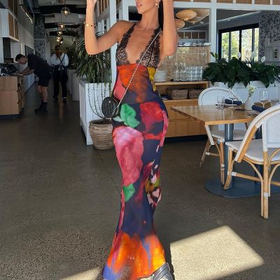 Elegant Tie Dye Floral Chiffon Dress Summer Sexy Women Backless Lace Bodycon See Through 2023 Beach Party Vestidos