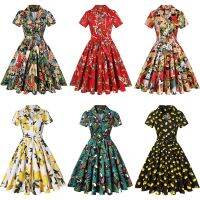 Gaun วินเทจ2022 Katun SD0002 Wanita Lengan Pendek S-4XL Ayunan Besar 50S Gaun Rockabilly Cetak Bunga Retro