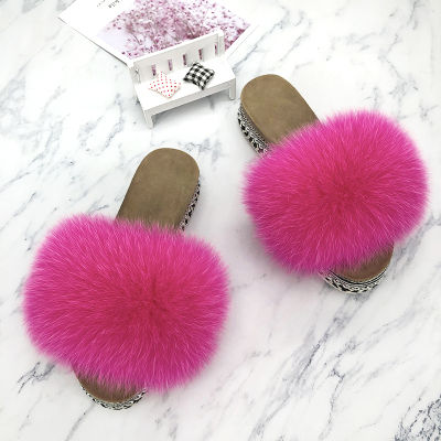 Fur Slides Summer Rivets Platform Sandals Ladies Sandals Outdoor Real Fur Ladies Heels Shoes 2021 New Fluffy Slippers Flip Flops