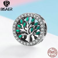 【HOT】 BISAER 925 Sterling Silver Family Tree Of Life Green Leaves Charms Beads Fit Bracelets amp; Bangles Sterling Silver Jewelry ECC1095