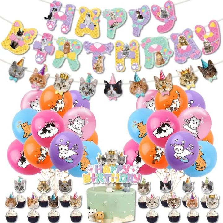 Pet Cat Birthday Party Decoration Kids Happy Birthday Banner Cat Cake ...