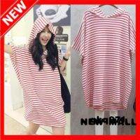 NEW MALL Summer Net Red Hooded Short-Sleeved Plus Size Dress WomenS Striped Mid-Length Top