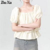 Zhu Xia เสื้อแจ็กเก็ตแขนสั้นสำหรับผู้หญิง,เสื้อแจ็กเก็ตเชิ้ตเสื้อเชิ้ตลายตุ๊กตาแขนพองไหล่ข้างเดียว