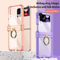 For Samsung Galaxy Z Flip 4 Flip3 Case Transparent Ring Holder Bracket Folding Hinge Four Corner Shockproof Silicone Back Cover