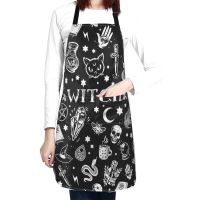 Black and White Witches Magic Tattoo Cat Snake Skull Moon Stab Magic Symbol Apron Unisex Waterproof Kitchen Aprons with Pocket Aprons