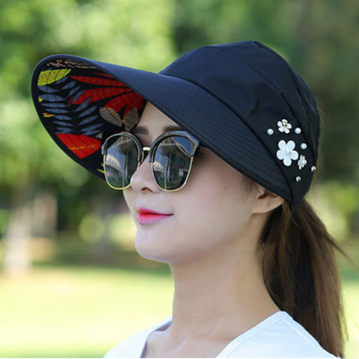 หมวกกันยูวีแสงแดดสำหรับผู้หญิงประดับไข่มุกและดอกไม้หมวกชายหาดสำหรับฤดูร้อน