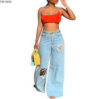 GL New Winter Denim elastic Pants Women Retro Ripped Jeans Wide Leg Trousers Irregular Hole Casual Bell-Bottoms Pant Female Z060