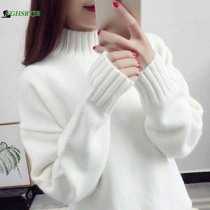 เสื้อถักฤดูหนาวสีทึบแขนยาวสำหรับผู้หญิง-เสื้อสเวตเตอร์ถักทรงหลวมเหมาะสำหรับใส่ไปช้อปปิ้ง