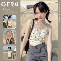 ꕥCatalog Fashionꕥ เสื้อสายเดี่ยวสายผูกคล้องคอ ผูกโบว์หลัง ผ้าเครปผสมชีฟอง แพทเทินดอกไม้แดงน้ำเงิน เบาสบายไปทะเล