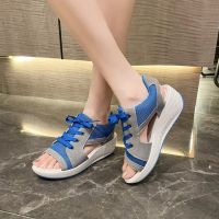 【ready stock】Large wedge toe sandals womens shoes European and American style lace-up sponge cake platform sandals