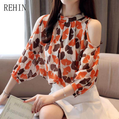 REHIN Off-The-Shoulder แขนสั้นสำหรับสตรีเสื้อชีฟองหลวมบาง Slimming Belly ใหม่ฉบับภาษาเกาหลี